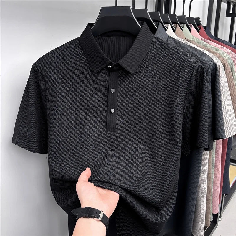 Men's Wavy-Texture Mesh Polo - Sweat-Wicking Lapel, Lightweight