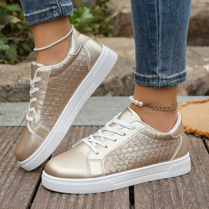 Metallic Lace-Up Sneakers for Women — Soft PU Leather Board Shoes, Plus Size
