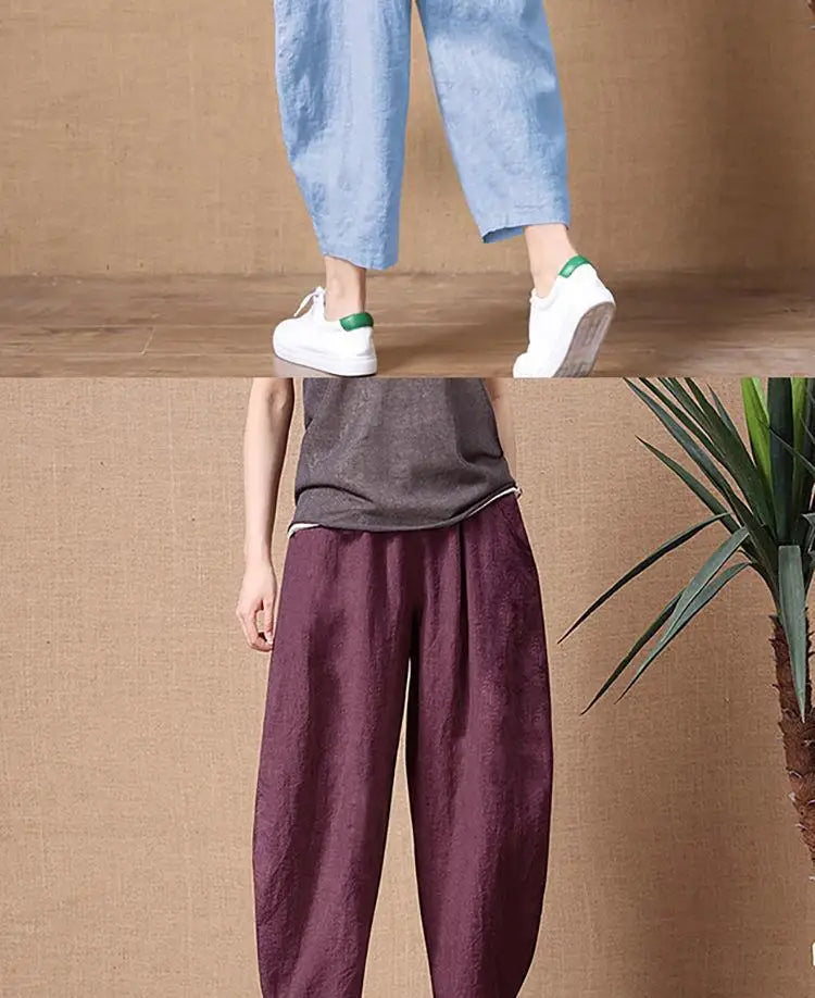 Loose Wide Leg Cotton Linen Pants High Waist Nine Points Women's plus Size Summer New Sle Casual Trousers Versatile Loose Fit