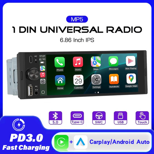 6.86" 1-DIN Universal Car Stereo — Wireless CarPlay, Android Auto, Bluetooth, USB/AUX