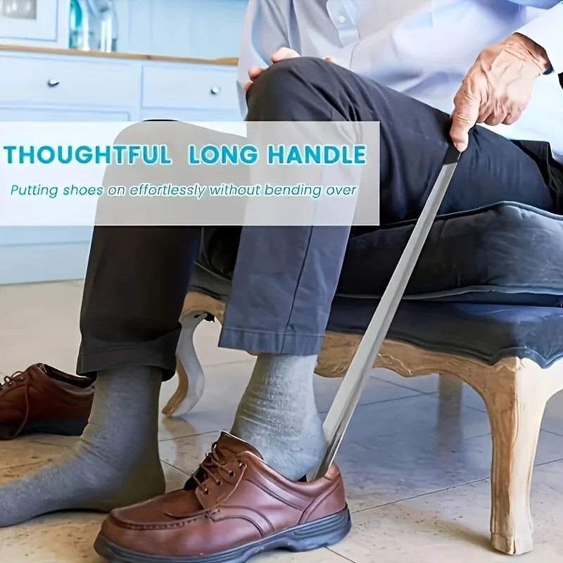 Say goodbye to back strain. Long-handle shoehorn aids the elderly and those with limited mobility. chausse pied