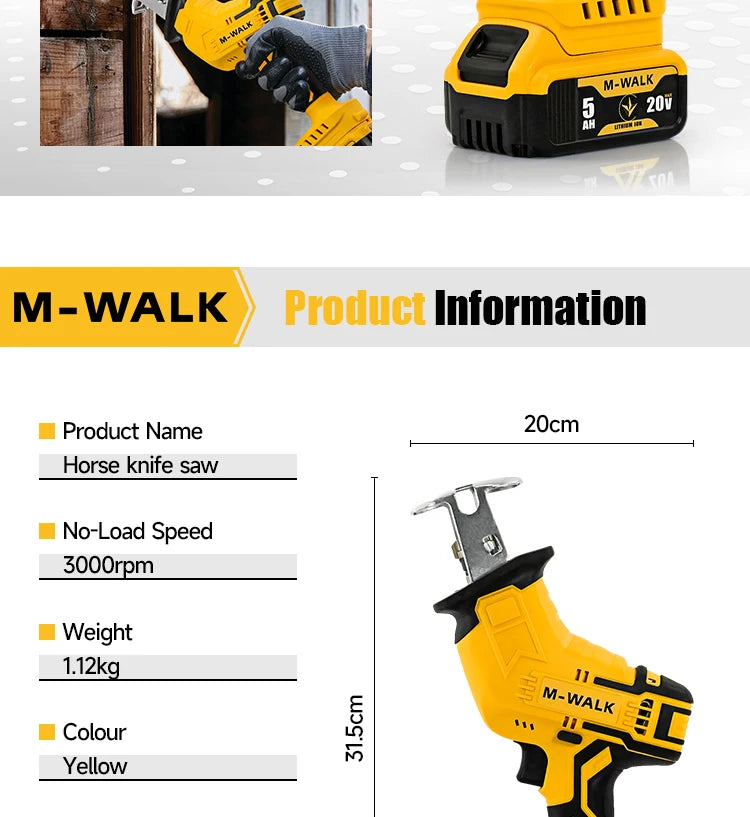 M-WALK 3000RPM Cordless Electric Reciprocating Saw Chainsaw Saber Saw Wood Metal Cutting Power Tool For Dewalt 20V Battery Pin
