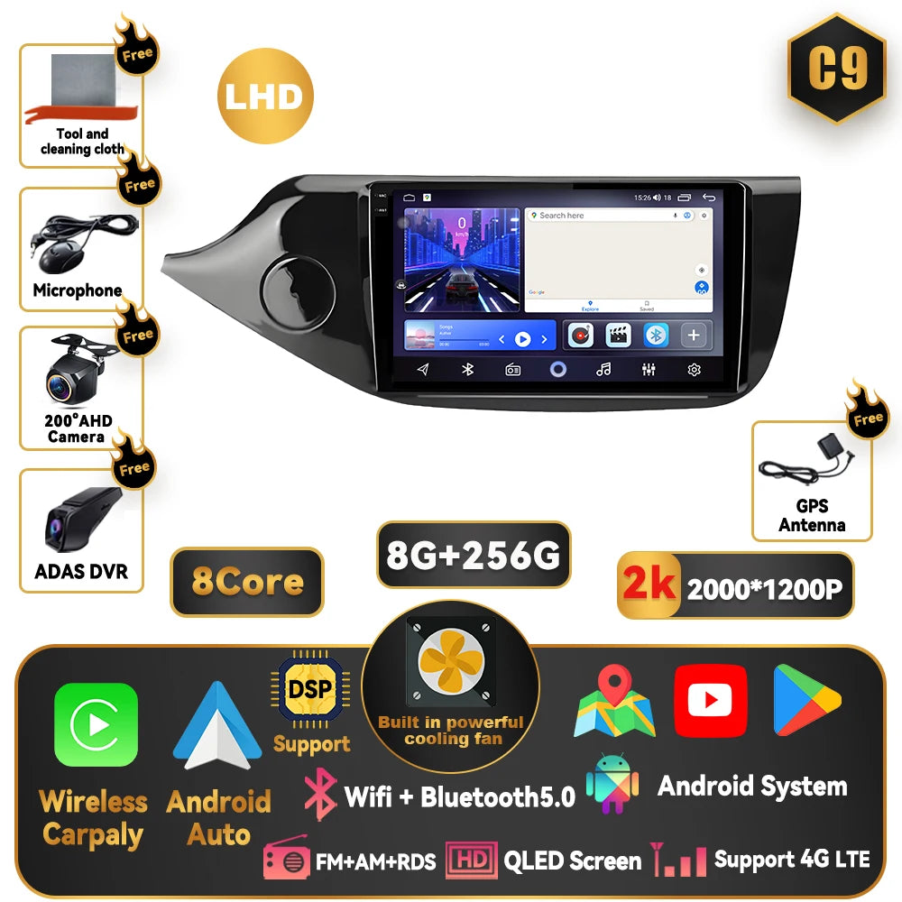 Android 15 Carplay For Kia CEED 2 JD 2012 - 2018 Car Radio Stereo Multimidia Player GPS Bluetooth DSP 2din Stereo QLED Screen