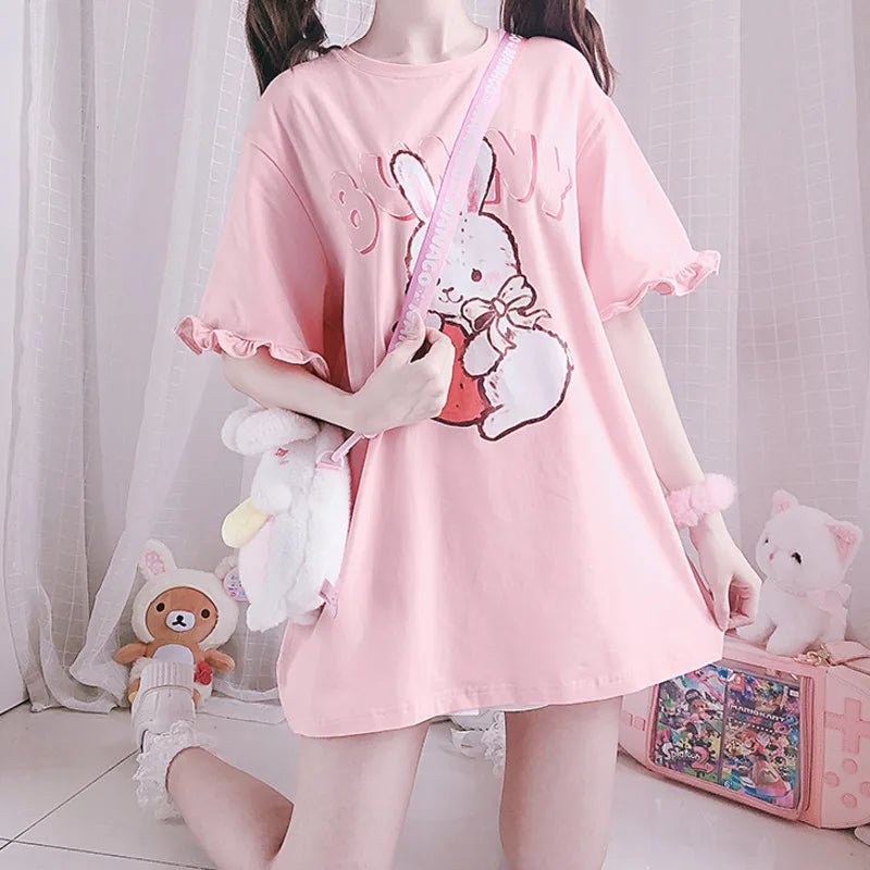 Women's Cute Cartoon-Print Ruffle T-Shirt — Kawaii Short-Sleeve Top