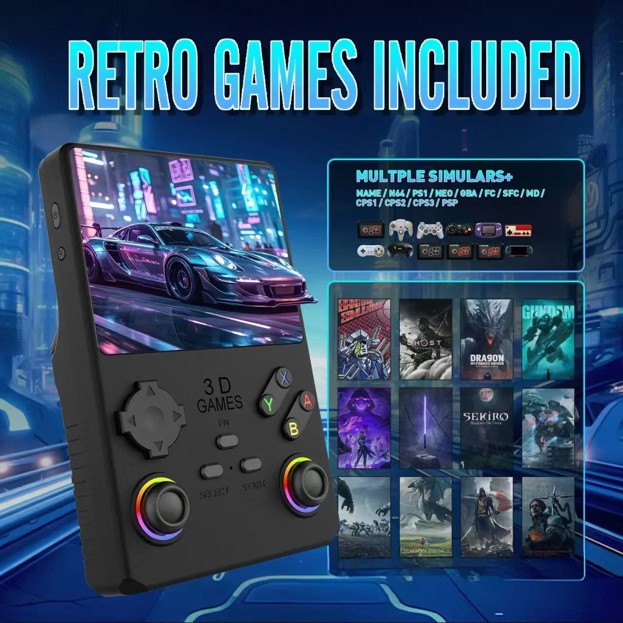 2026 V40MAX Handheld Game Console 4'' IPS Screen 4000mah Battery Joystick RGB lighting Effect 256GB with more than 40000 games