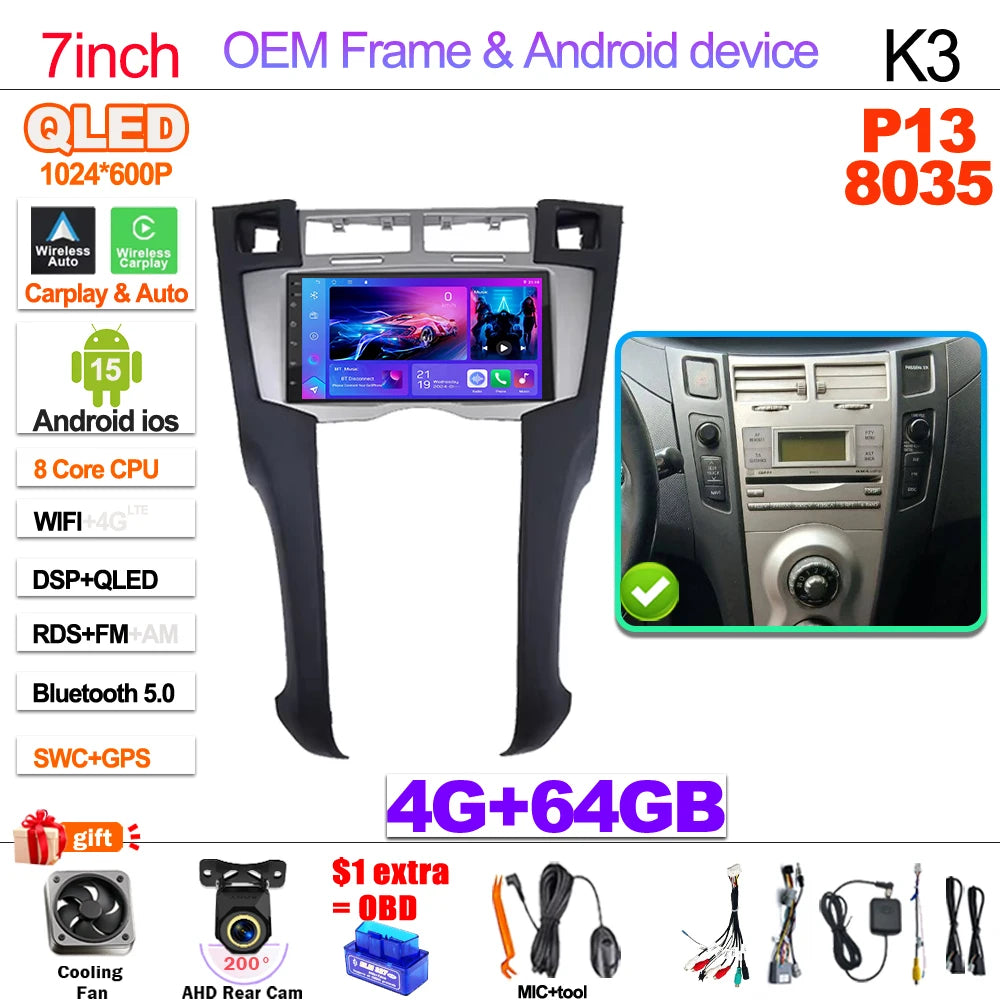 7" Android 16 Car Radio GPS Player For Toyota Yaris 2005 2006 2007 2008 2009 2010 2011 Stereo CarPlay Autoradio Video Bluetooth