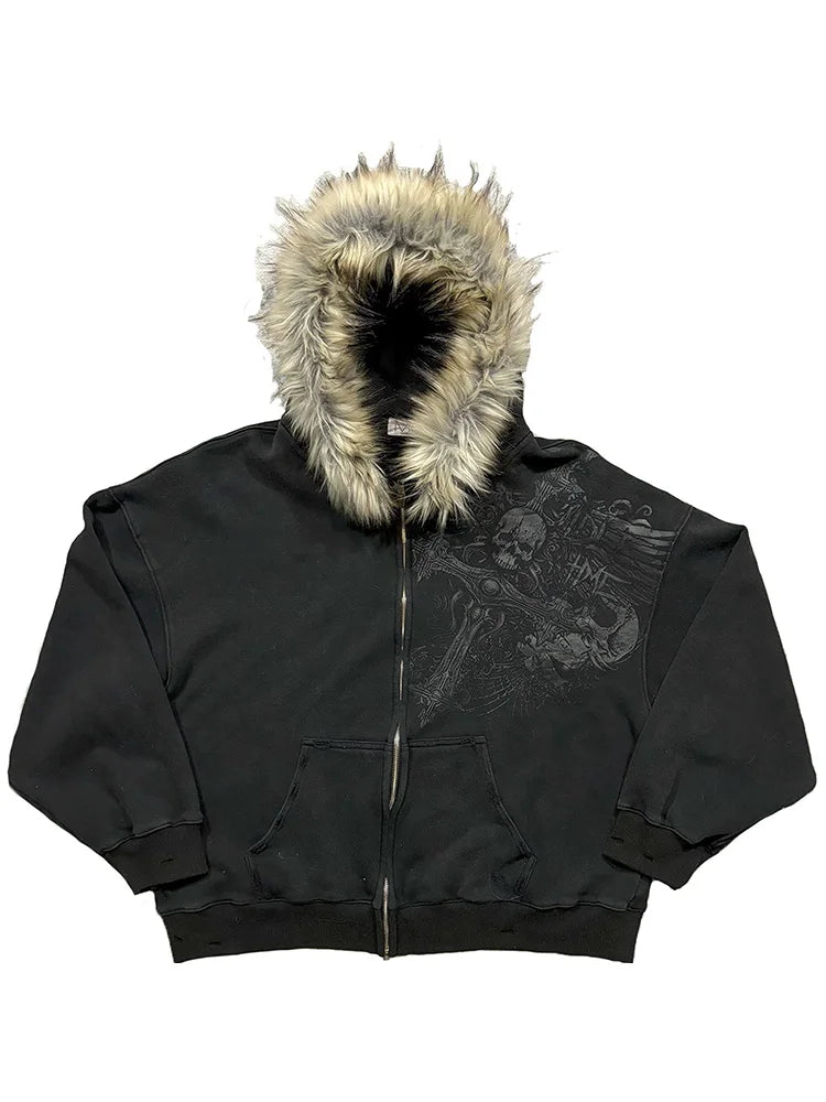 Women's Faux Fur Collar Zip-Up Hoodie, Gothic Streetwear