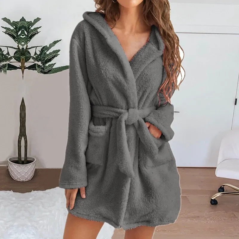 Women's Short Plush Hooded Bathrobe