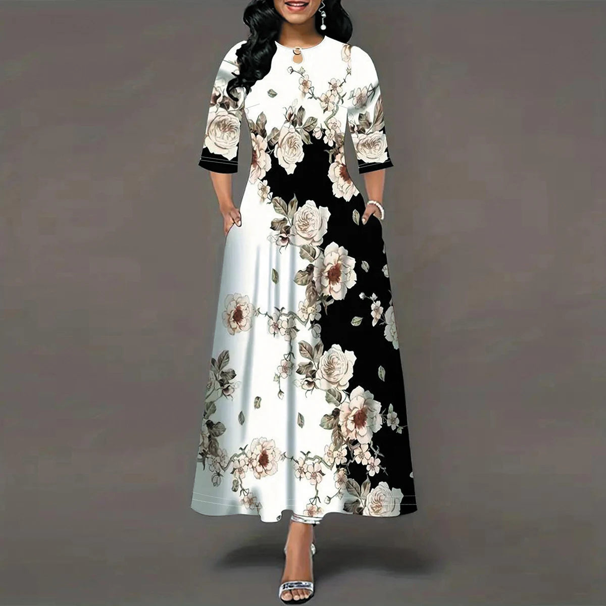 Women's Casual Dress, Plus Size  Print Half Sleeve Round Neck Maxi Dress With Pockets