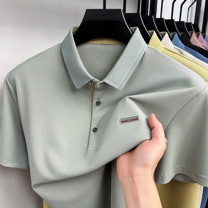 Men's Honeycomb Jacquard Polo - Breathable Mesh, Metal Buttons