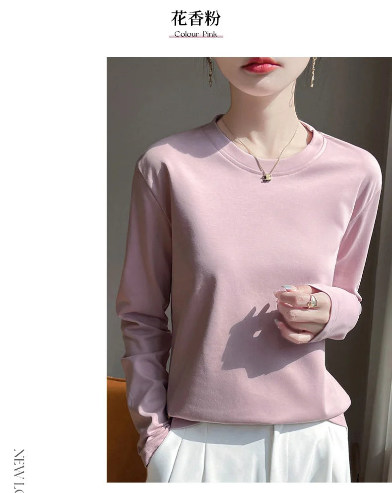 Spring And Summer New Mercerized Cotton Long Sleeve T-shirt Women's Round Neck Loose 100% Cotton Bottoming T-shirt