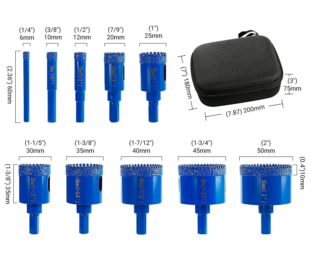 10 Pc Diamond Core Drill Bit Set 6-50mm, Vacuum Brazed Hole Saw