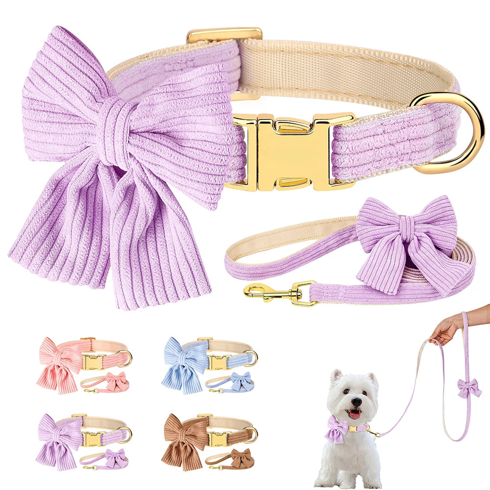 Velvet Bow Dog Collar & Leash Set - Soft Puppy Walking Set