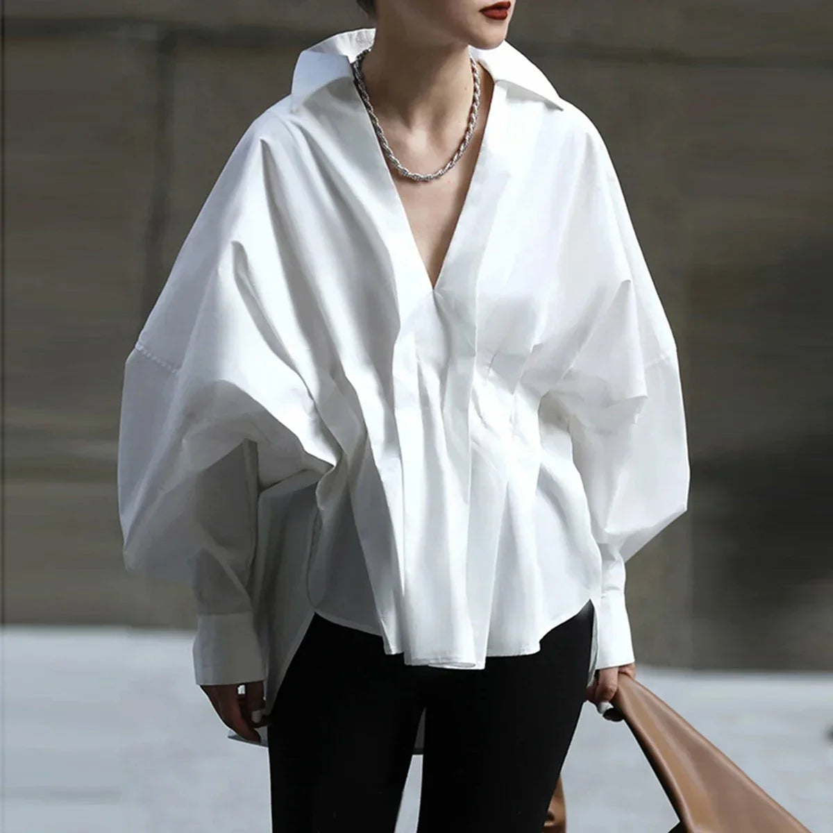 Missuoo Women's Solid Black Oversized V Neck Cotton Blouse 2026 Casual Batwing Sleeve Gathered Waist Buttonless Shirt Top