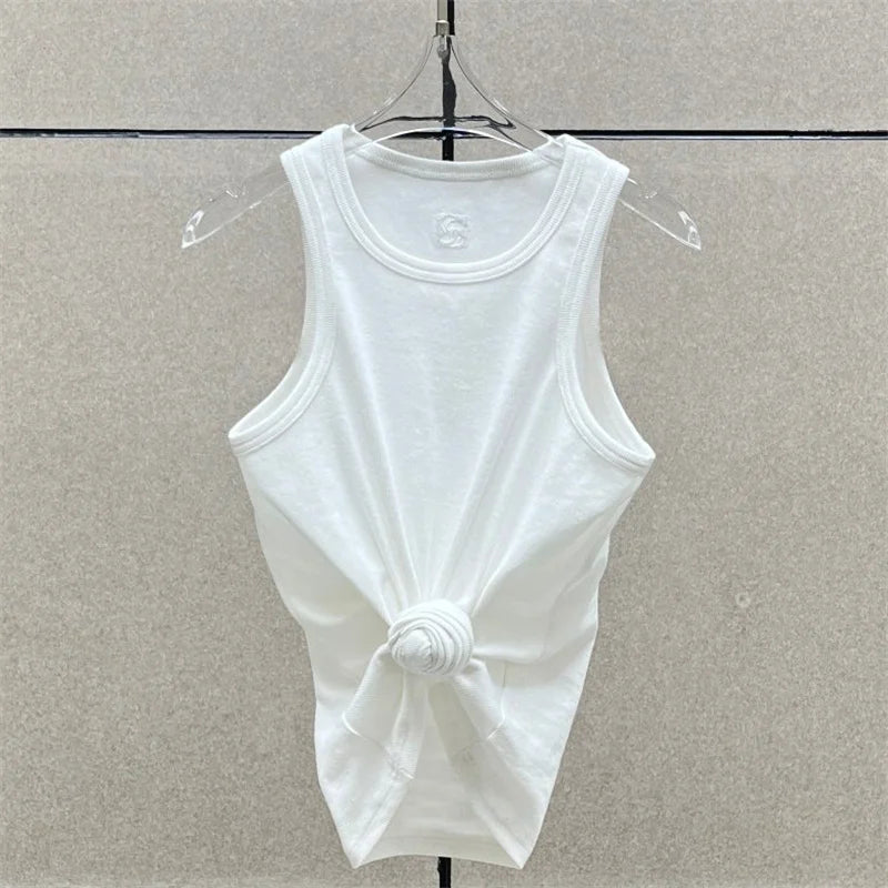 Women t-shirts New twisted flower knotted sleeveless top for summer 2026 Elastic slim pure cotton women's vest corset crop top