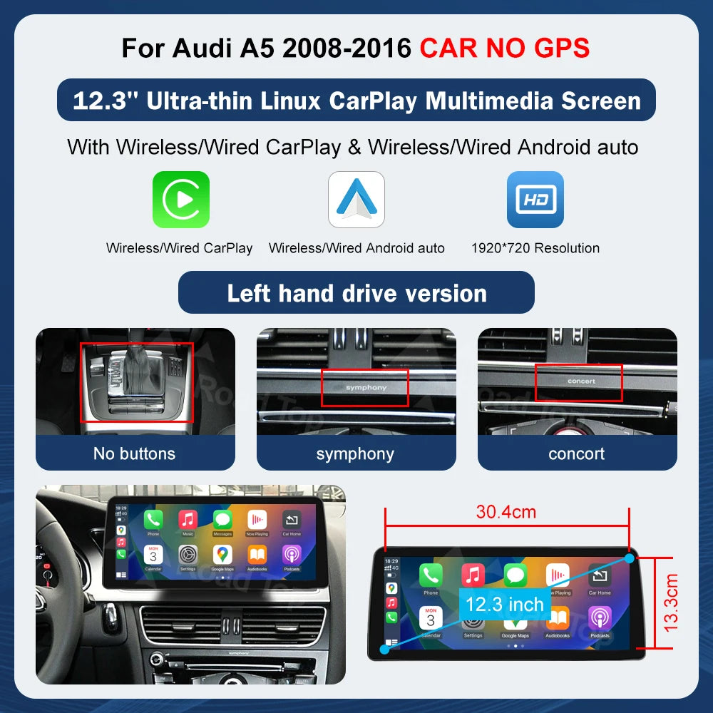 8.9 Inch 12.3"" Multimedia Display Touch Screen For Audi A5 S5 2008-2016 Airplay Miracast Function Wireless Carplay Android Auto