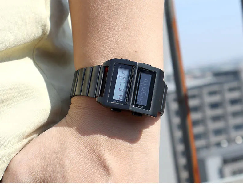 MEGIR Retro Cyberpunk Driver Electronic Watch for Men Sports Wristwatch with Electronic Movement Stainless Steel Strap 0324