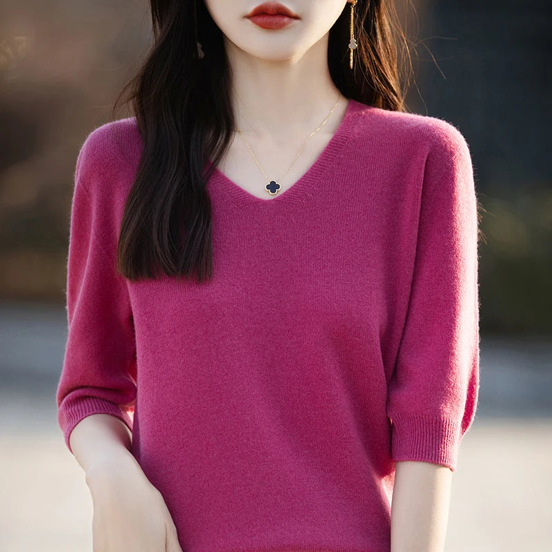RONGYI Spring/Summer 2026 Ladies Sweater Pullover Solid Color V-neck Half-sleeved Knitted Cashmere Sweater Thin Casual Top