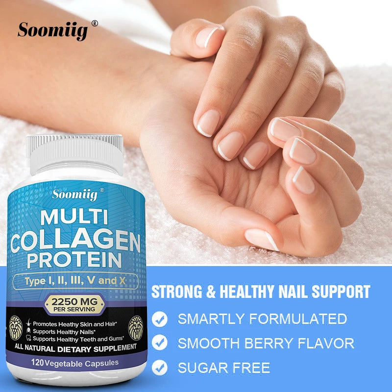 SOOMIIG Multi-Collagen Peptides Capsules – Types I II III V X | Hair, Skin, Nails, Joints & Gut Health | Gluten Free, Non-GMO | 30/60/120 Count