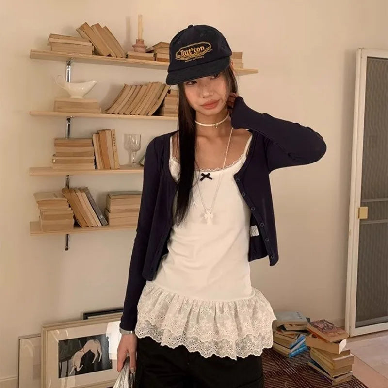 Women Patchwork Lace White Suspender Vest Trim Bottom Hem Layer Skinny Halter Tops Ruffle Edge Skin-friendly Breathable Vest