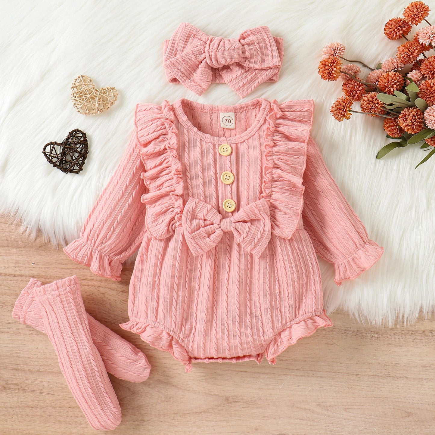 Infant Newborn Baby Girls 3Pcs Spring Autumn Outfits, Long Sleeve Button Front Ruffle Romper + Socks + Headband Set