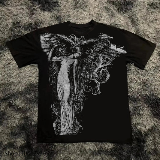 Y2K Gothic Print Oversized T-Shirt — Unisex Cotton Round-Neck Streetwear Tee