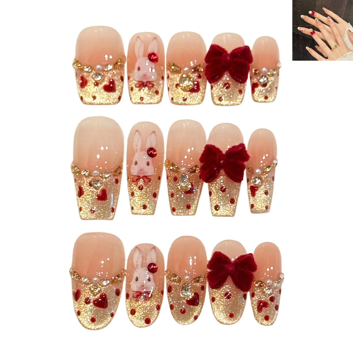 New Year Theme Handmade Press On Nails French Cat Eye Fake Nails With Velvet Bowknot Decor Light Luxury Sparkling False Nail Tip