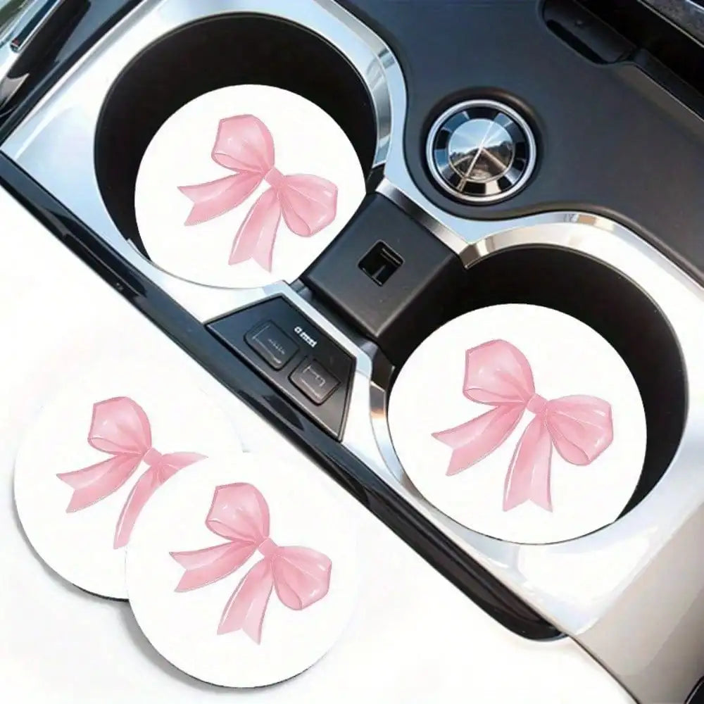 2-Pack Non-Slip Pink Bow Print Car Cup Holder Coasters, Universal Fit Interior Accessories