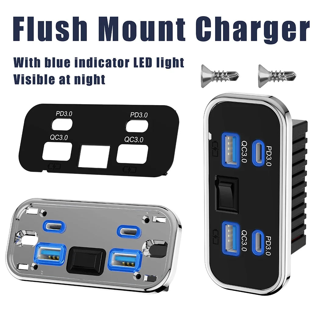 12V-24V 4 Ports Dual USB PD3.0 QC3.0 Outlet 76W Type-C Quick Charge Panel Wall Mount Charger Adapter for Marine Bus ATV Truck RV