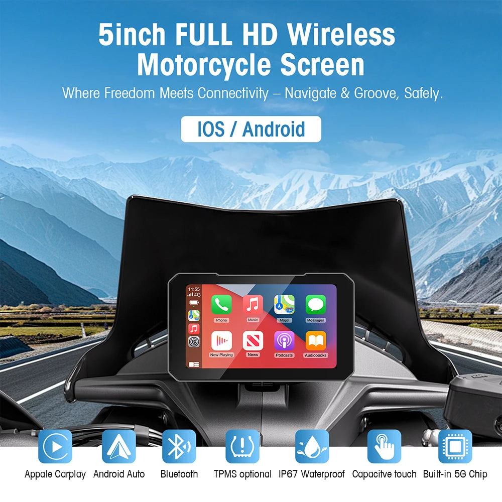 5" Portable Motorcycle Navigator with Wireless CarPlay & Android Auto