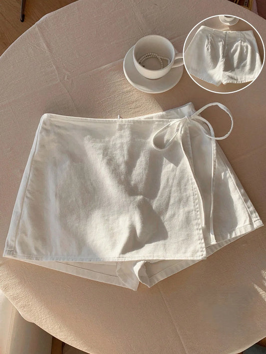 Ladies New Spring Summer Linen Solid Color Casual Sports Elastic Waist Drawstring Belted Skort for Spring Summer