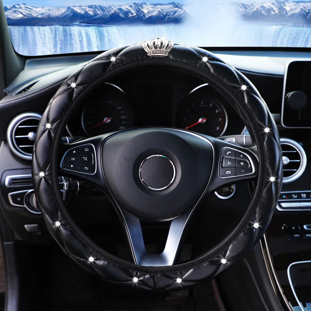 Soft leather diamond-studded crown Blingbling car without inner ring steering wheel cover suitable for 14.5 - 15 inch car access