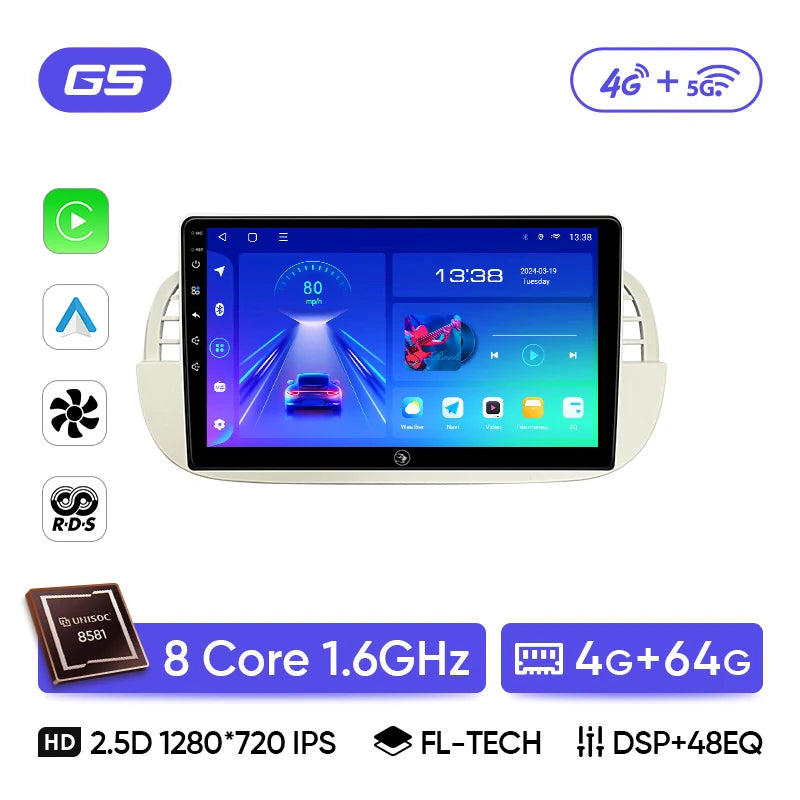 Ainavi 9" Android Car Stereo for Fiat 500 — CarPlay, Android Auto, GPS, Steering-Wheel Control