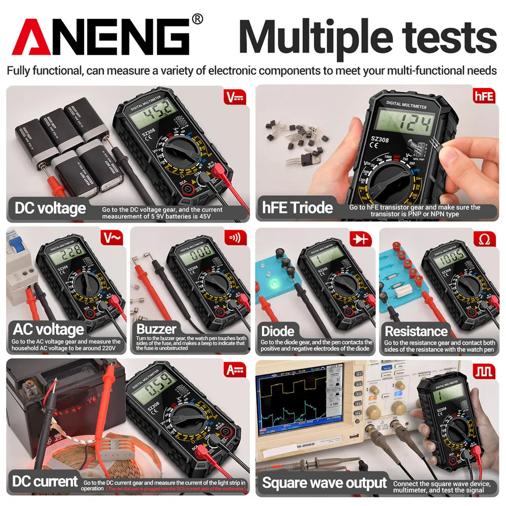 Digital MultimeterAC/DC Current Voltage Resistance Meter Meter Electrician LCD Backlight Ohm Square Wave Test tools ANENG SZ308