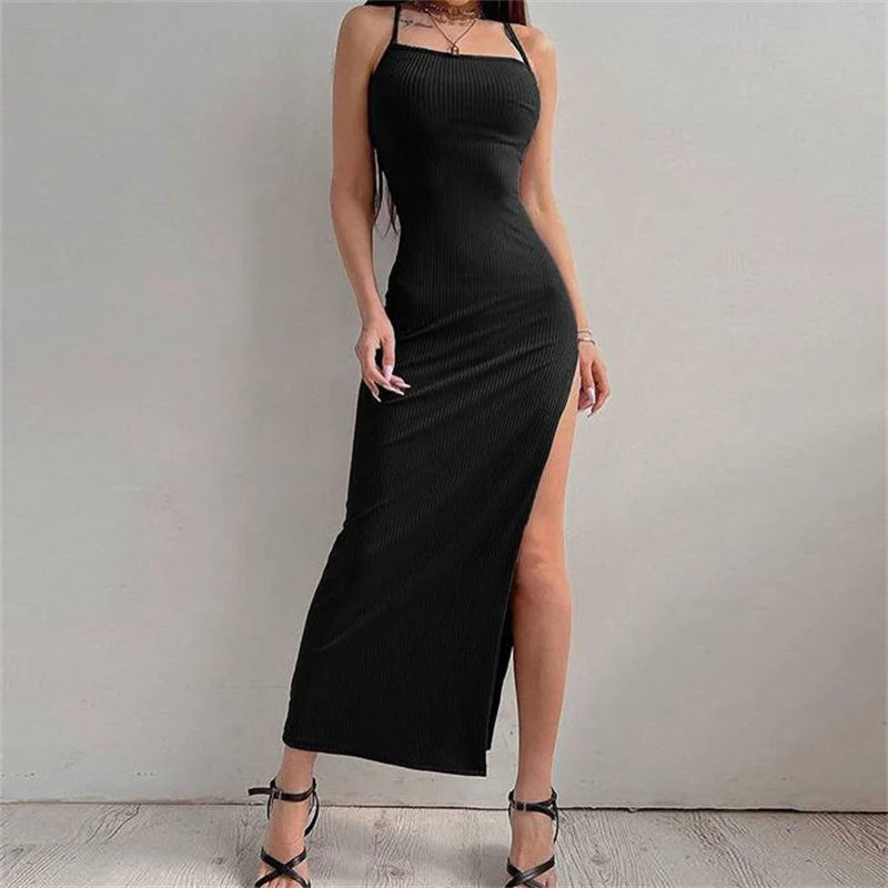 Women's Sexy Black Long Bodycon Dress – Sleeveless Backless Halter Neck High Split Maxi Dress | S–L (Black, Khaki)