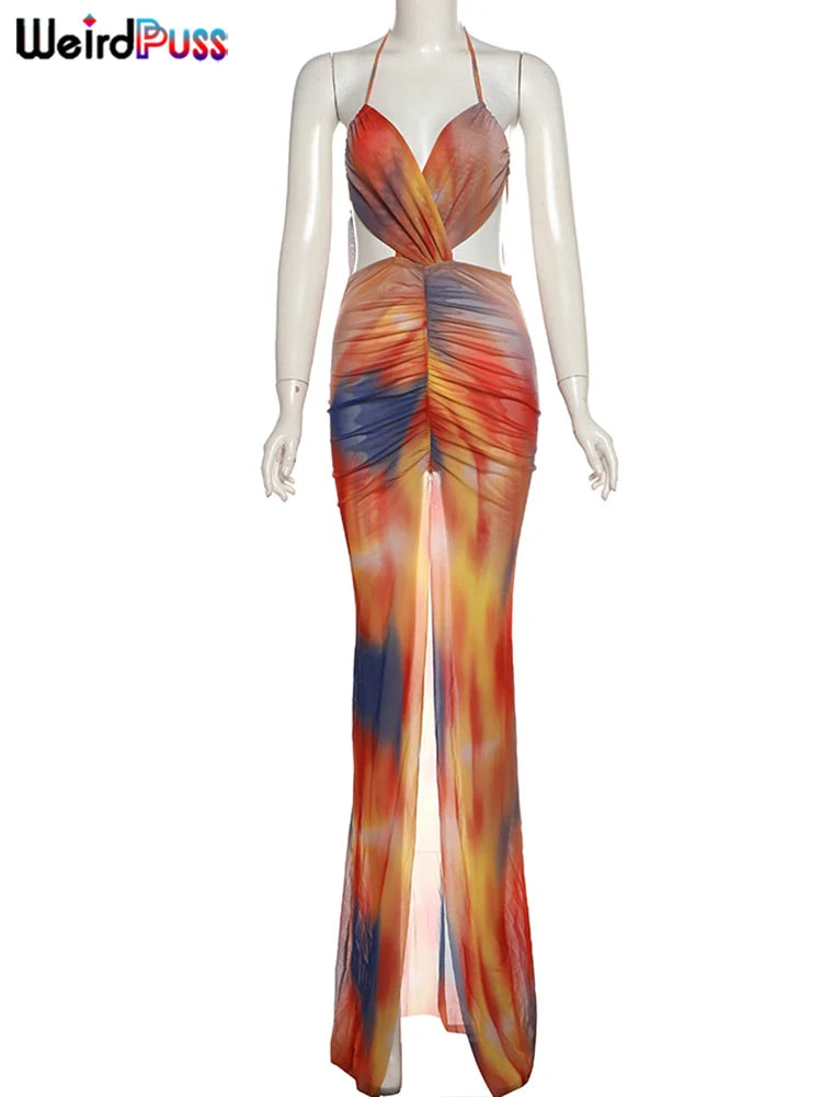 Weird Puss Irregular Ruched Dress Women Sexy Mesh Colorful Gradient Summer Trend Cross Backless Split Hollow Stretch Bodycon