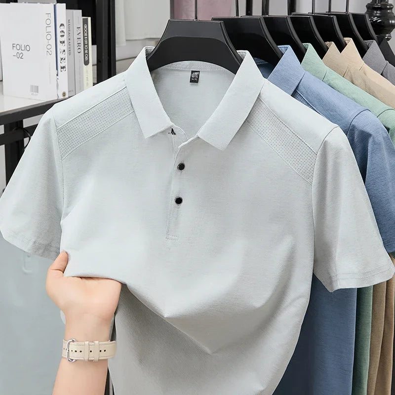 Men's Lapel Polo Tee - Perforated Shoulder, Wrinkle-Resistant