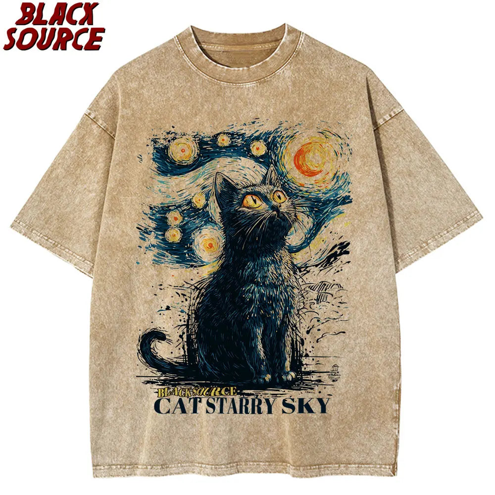 T188 Black Cat Starry Sky Night Vintage T-shirt for Men and Women, Short Sleeve Cotton Round Neck T-shirt, Casual Graphic