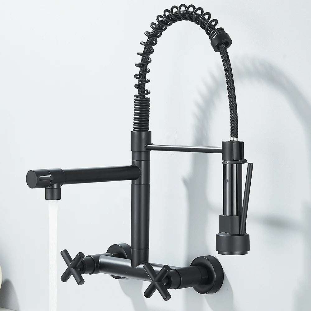 Pull Down Kitchen Faucet Wall Mounted Spring  Hot Cold Water Dual Spouts Kitchen Tap 20cm Distance For Two Holes