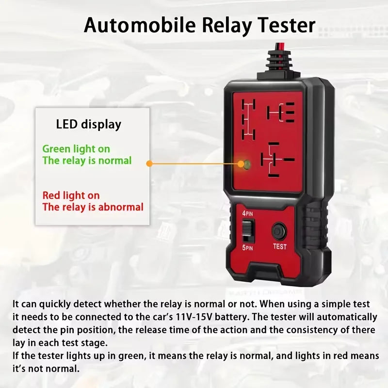 Compact 12V Automotive Relay Tester with Battery Clamp - Easy-To-Use 4-Pin and 5-Pin Relay Tester with Clear Terminal Display, Spdt Switch and Copper Contacts, Hard-Wired/Battery-Powered (Battery Not Included), Suitable for E