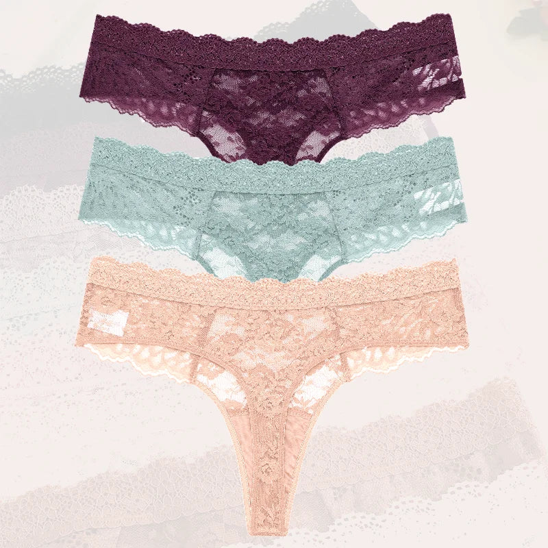 3-Pack Floral Lace Thongs – Soft Low-Rise Seamless Panties