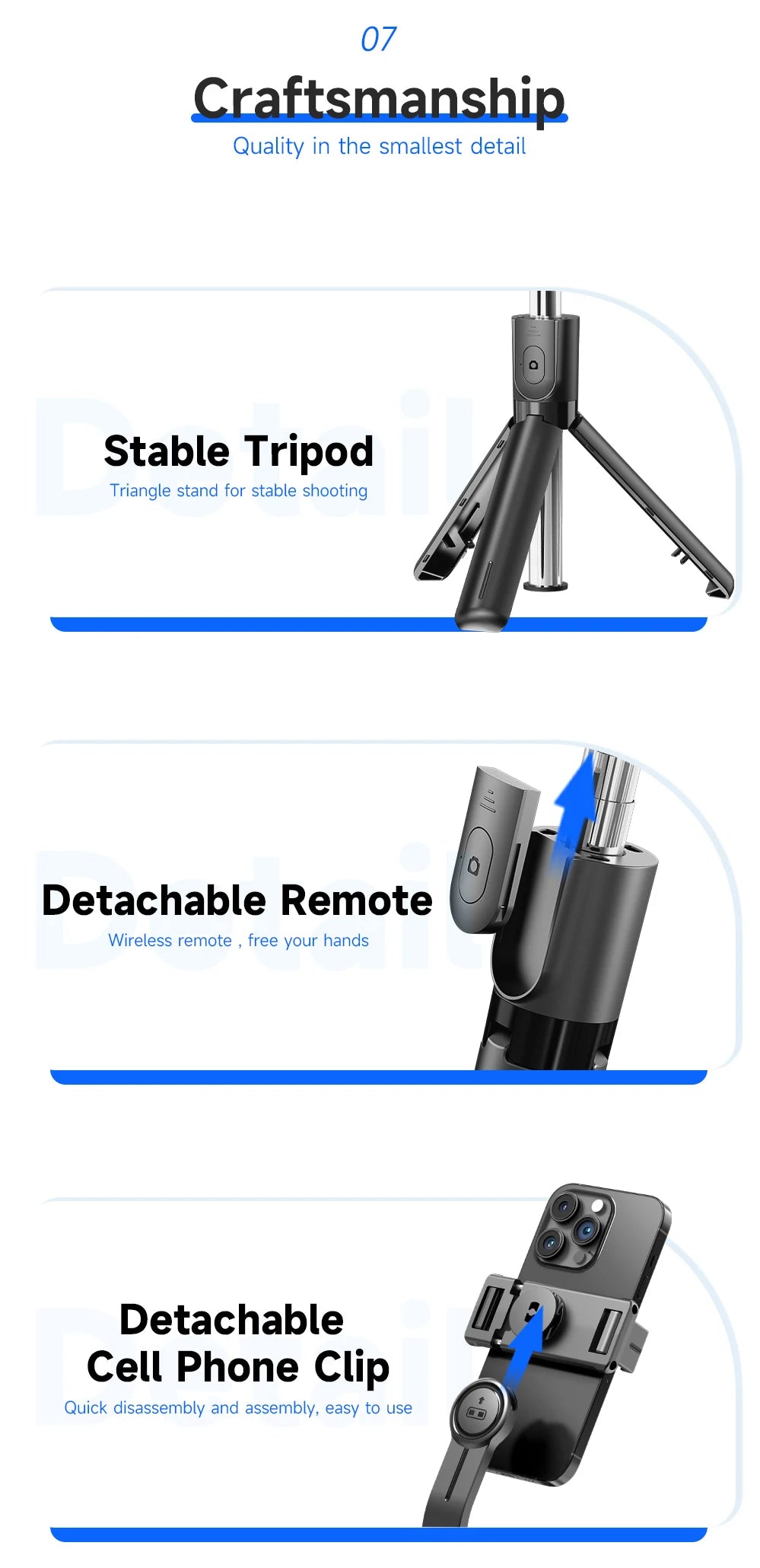 F01 Portable 6 Section Extendable Tripod Stand Lightweight Detachable Phone Holder 360 Degree Rotatable Bluetooth Selfie R