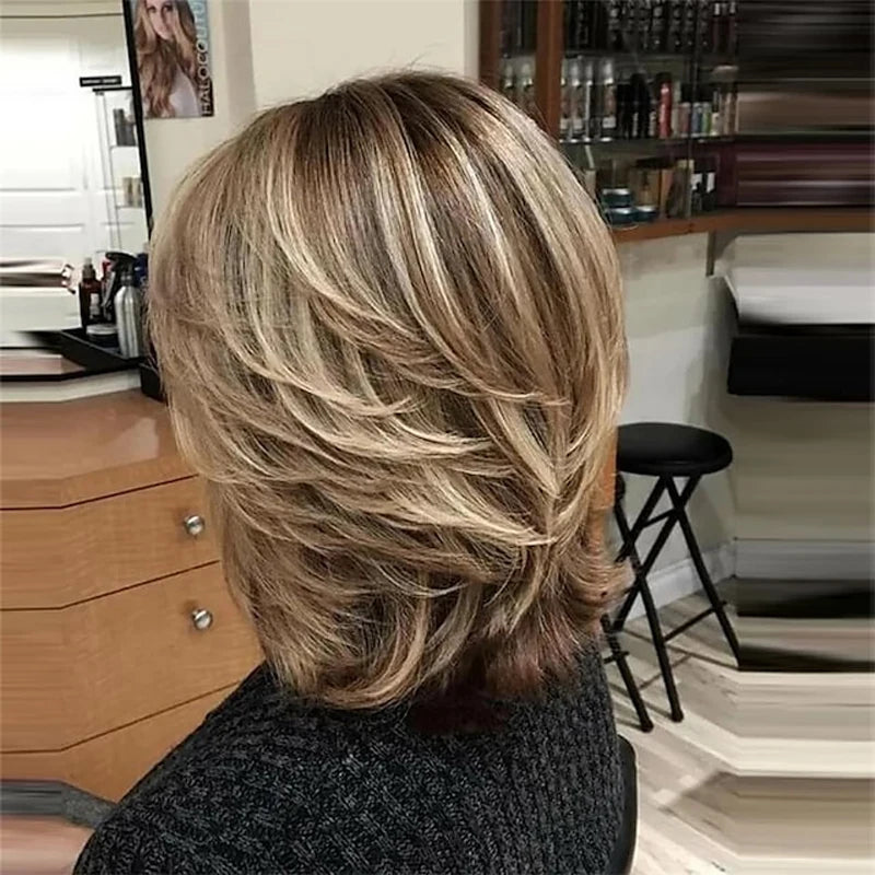 HAIRJOY Dark Gray Ombre Layered Wigs with  Bangs for Black Women Synthetic Hair Short Gray Highlight Straight  Layered Bob Wig