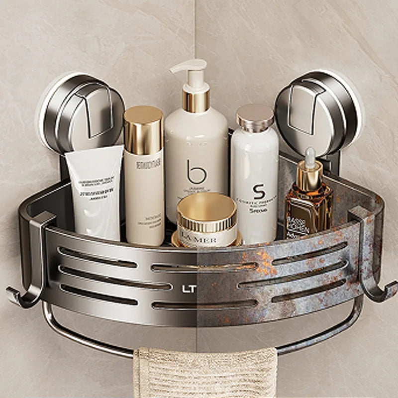 No-Drill Suction Cup Corner Shower Shelf – Stainless Steel Bathroom Organizer with Hooks | Anti-Rust