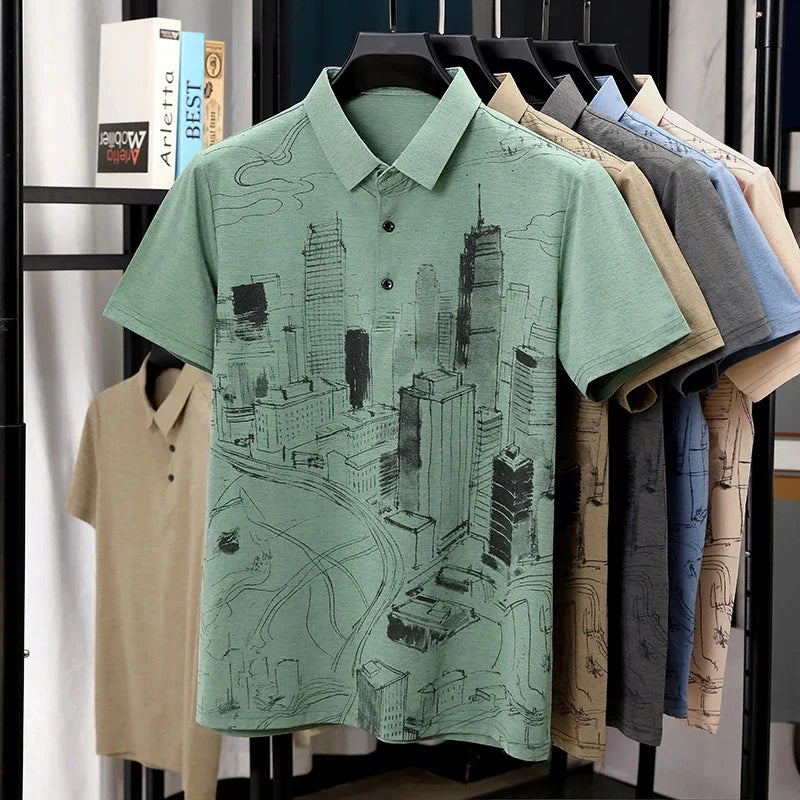 Men's Skyline-Print Polo - Thin Lightweight, Two-Button Lapel