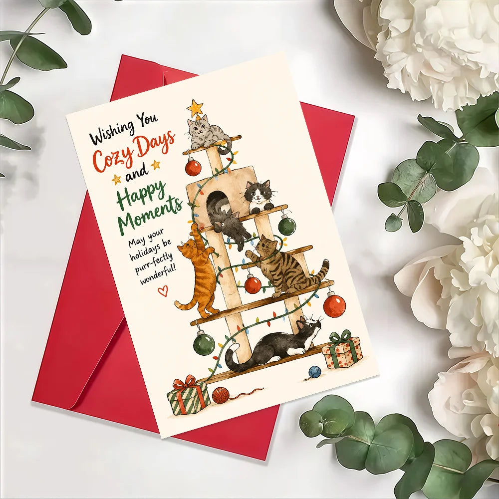 Cute Cat Christmas Greeting Card, Cat Tree Tower Xmas Card, Holiday Wishes Card for Cat Lovers with Envelope