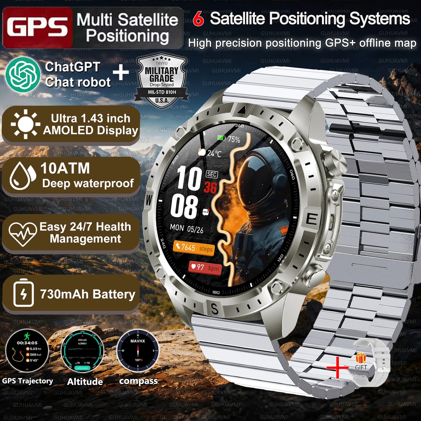 Military-Style GPS Smart Watch — Offline Maps, 10ATM, 2GB RAM