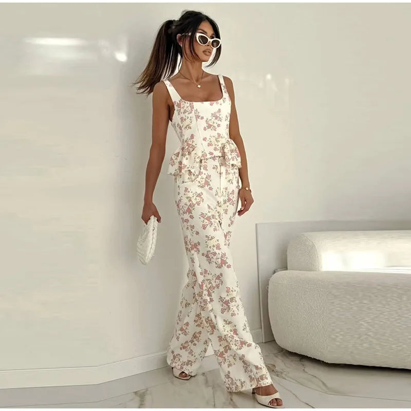 Floral Ruffle Sling Top & Wide-Leg Pants Set — 2-Piece