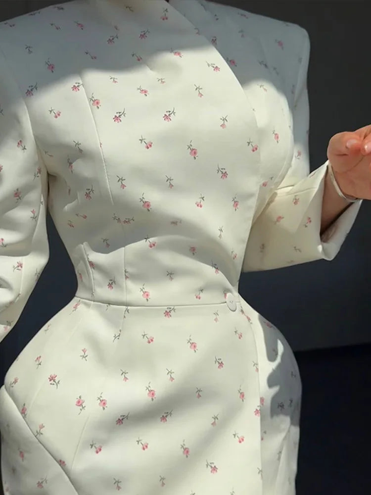 Women Cross Collar Floral Jacket Coats Stand Neck Waist Cinching Single Breasted Pad Shoulder Coats Lady Spring Chic Outwear Top
