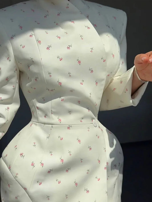 Women Cross Collar Floral Jacket Coats Stand Neck Waist Cinching Single Breasted Pad Shoulder Coats Lady Spring Chic Outwear Top